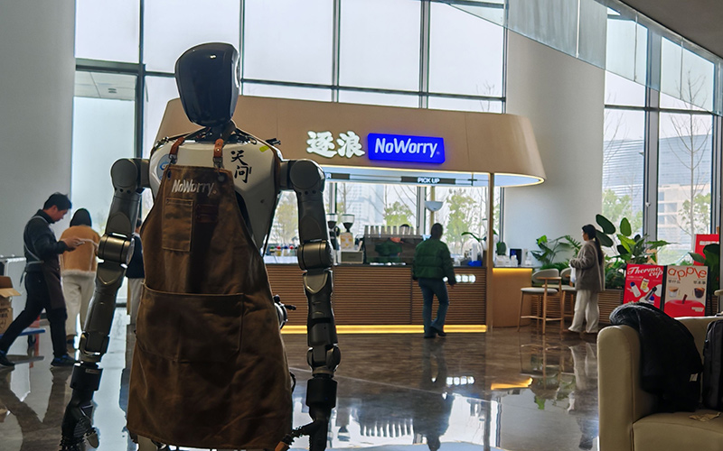 武大人形机器人“天问”到咖啡店“实习”。